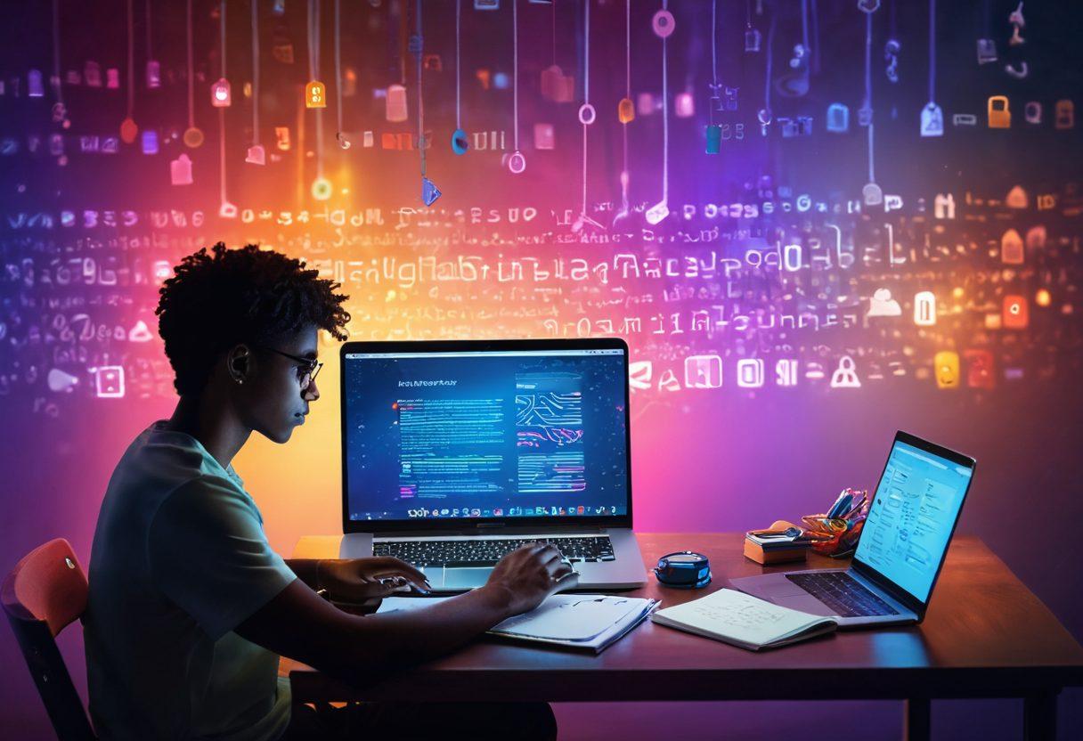 A serene digital workspace featuring a person thoughtfully writing in an online journal on a laptop, surrounded by colorful locks and keys symbolizing security. Soft light illuminating the scene to convey a sense of peace and protection. In the background, abstract representations of data encryption and safe online practices. Super-realistic. Vibrant colors. Soft-focus effect.