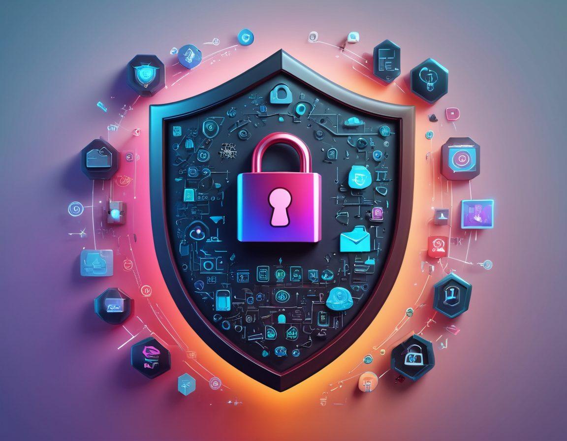 A digital diary with a lock symbol, surrounded by diverse icons representing cybersecurity risks like viruses, phishing, and hacking. The diary is illuminated by a shield icon that radiates strength and protection. A subtle gradient background transitioning from dark to light symbolizes the journey from weaknesses to strengths. Incorporate elements of technology such as circuit patterns or binary codes in the background. super-realistic. vibrant colors. 3D.